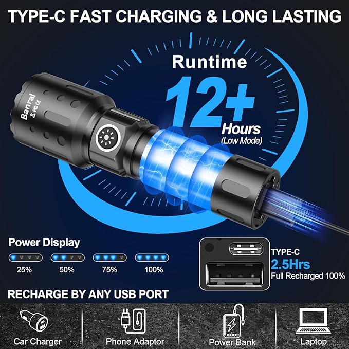 Rechargeable Flashlights 20,000 High Lumens, 1500M Long Throw Super Bright LED Small Powerful Flashlight with Memory Function, 6Modes Pocket Waterproof Flash Light for Camping,Hiking (2, Black/Red)