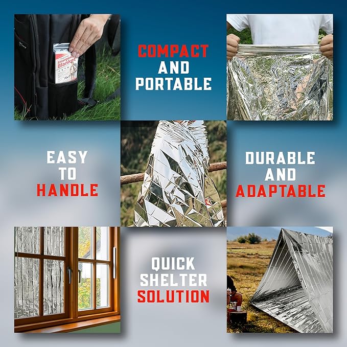 Emergency Blanket 4-Pack Space Mylar Blankets Survival Gear and Supplies Reusable Thermal Camping Hunting Essentials First Aid Car Emergency Kit Prepper Bug Out Bag Foil Warm Cat Cold Snow Winter