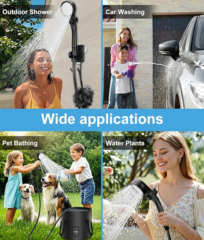 WADEO Portable Shower for Camping, Outdoor Electric Shower Rechargeable Pump with 20L Collapsible Bucket, Camping Shower Head Nozzle for Camping, Hiking, Traveling, Washing