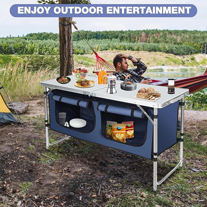 Outdoor Folding Camping Table with Storage Organizer, Portable Aluminum Composite Panel Lightweight Table, 3 Adjustable Height, for Indoor, BBQ, Party, Picnic, Hiking, Blue
