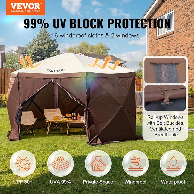 VEVOR Pop Up Gazebo Screen Tent 6 Sided Canopy Sun Shelter with 6 Removable Privacy Wind Cloths & Mesh Windows, 12.5x12.5FT Quick Set Screen Tent with Mosquito Netting, Brown