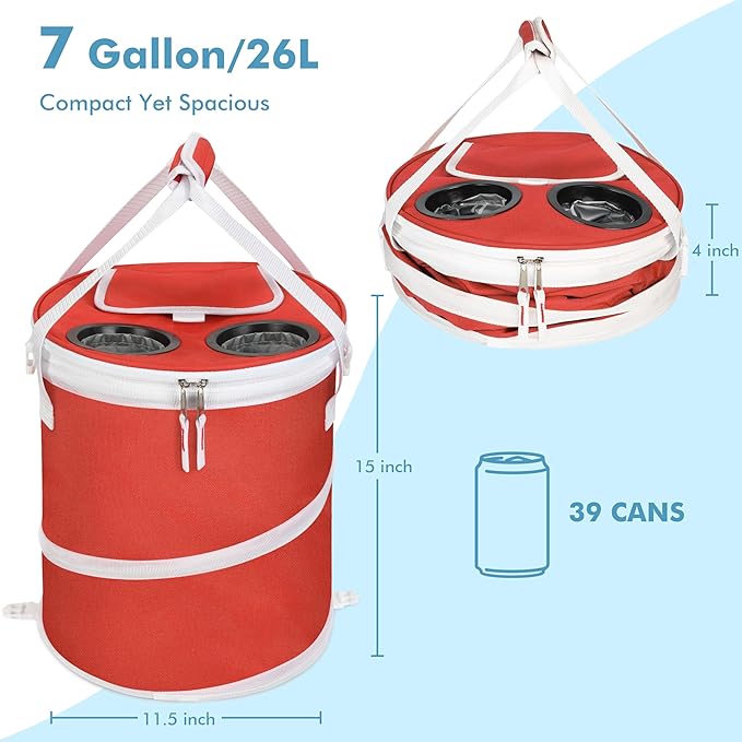 Tirrinia Pop-Up Collapsible Cooler Bag - Insulated, Lightweight with Built-in Cup Holder | Leak-Proof Portable Soft Cooler for Camping, Beach, Picnics, Travel