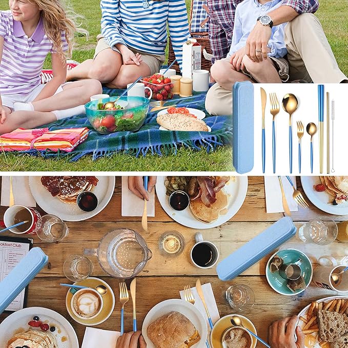 AARAINBOW 8 Pieces Stainless Steel Flatware Set Portable Reusable Cutlery Set Travel Utensils Set Including Chopsticks Knife Fork Spoon Straws Cleaning Brush Dishwasher Safe (Blue Golden)