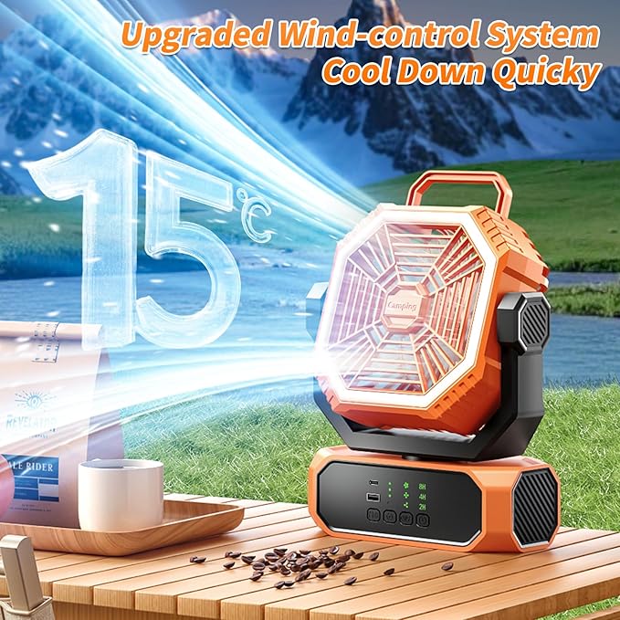 VVU&CCO Portable Fan for Camping with LED Lantern,20000mAh Rechargeable Battery,65H Runtime,USB-C Fast Charging, 3 Speeds - Cordless Desk Fan for Travel Home Office Tent Desk