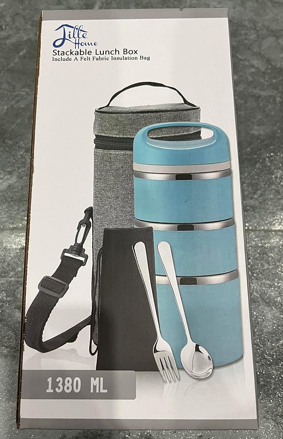 Lille Home Stackable Stainless Steel Thermal Compartment Lunch/Snack Box, 3-Tier Insulated Bento/Food Container with Lunch Bag and Three Extra Seals, 43OZ (Gray)