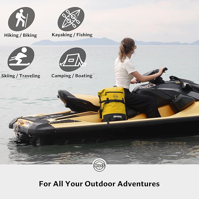 STOVER 5/10/25/30/40/55L Waterproof Dry Backpack- Large Floating Dry Bag for Kayaking, Travel, Tubing, Hiking, Fishing, Camping, Motorcycles & the Beach, Heavy-Duty Roll Top Men/Women (Yellow)