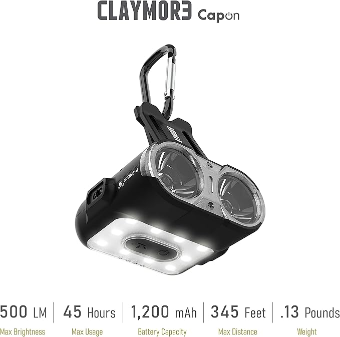 Claymore Capon 120H (Black) - LED Rechargeable Clip-On Cap Headlamp, Lightweight Hat Light for Camping, Running, Hiking, Emergency & Industrial Use, Waterproof, USB-C, Up to 45 Hours of Battery Life.