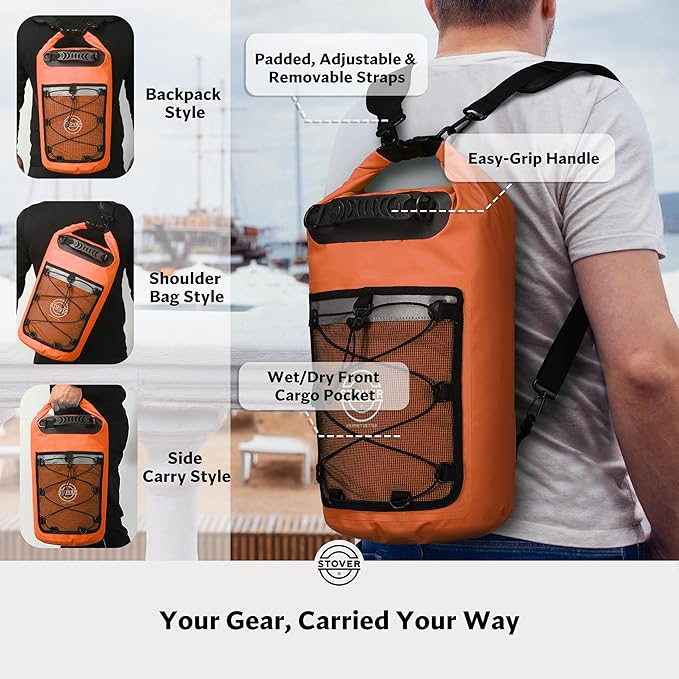 STOVER 5/10/25/30/40/55L Waterproof Dry Backpack- Medium Floating Dry Bag for Kayaking, Travel, Tubing, Hiking, Fishing, Camping, Motorcycles & the Beach, Heavy-Duty Roll Top Men/Women (Orange)