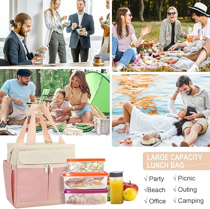 Joymee Lunch Box for Women Insulated Lunch Bag with Shoulder Strap Reusable Leakproof Large Spacious Lunch Cooler Tote for Women Adult with Bottle Holder and Side Pockets for Work Picnic - Pink