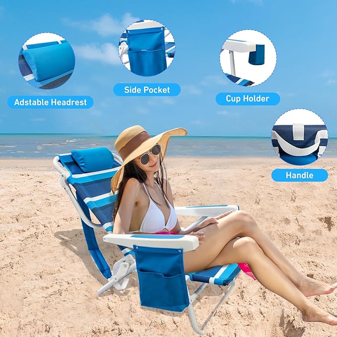 Beach Chair 2 Pack, 5 Positions Textilene Folding Reclining Beach Chair with Backpack Straps, Cooler Bag & Cup Holder for Outdoor Lawn Camping