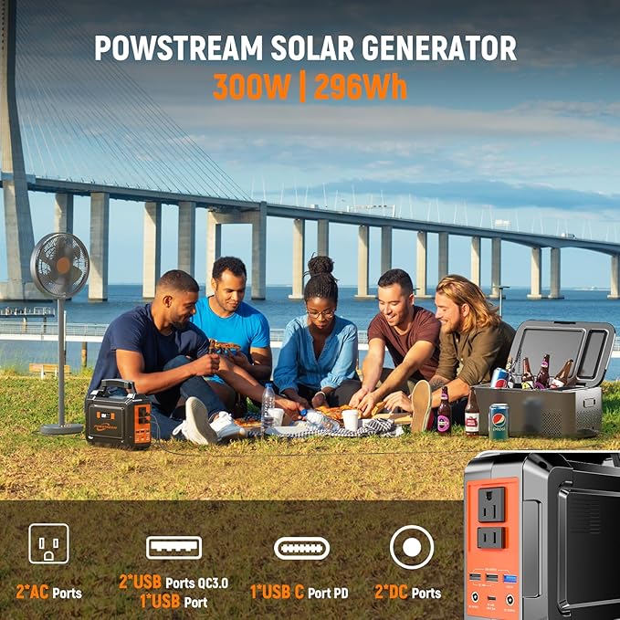 POWSTREAM 300W Solar Powered Generator 296Wh Portable Power Station with Solar Panel Foldable 60W Included, Battery Charger Power Bank with AC Outlet for RV Trip Camping Emergency Home Outage CPAP