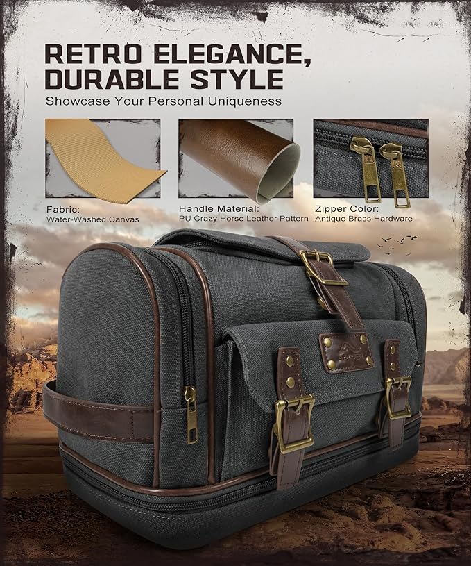 ARCFOX Travel Hanging Toiletry Bag for Men, Vintage Canvas Large Toiletry Bag with 7 Compartments, Camping Gym Travel Toiletry Kit Organizer with PVC Wet & Dry Pockets, Personalized Wash Bag, Black