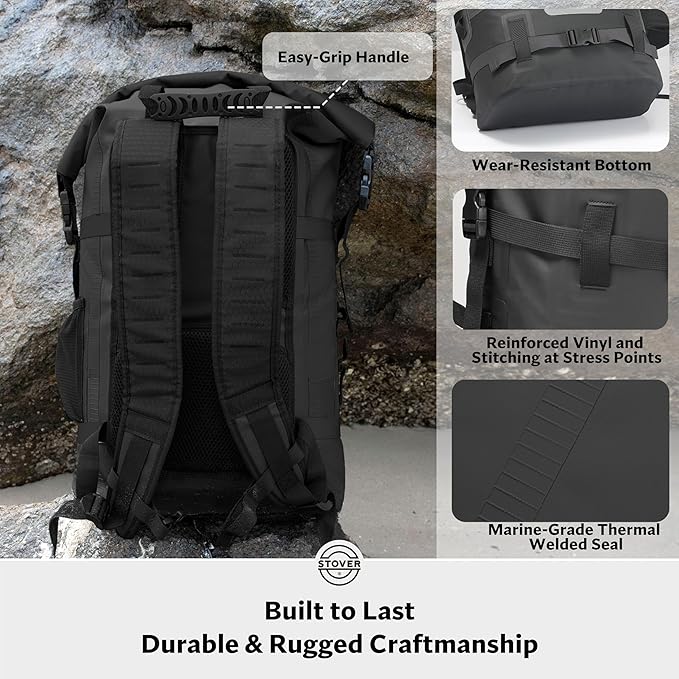 STOVER 5/10/25/30/40/55L Waterproof Dry Backpack- Large Floating Dry Bag for Kayaking, Travel, Tubing, Hiking, Fishing, Camping, Motorcycles & the Beach, Heavy-Duty Roll Top Men/Women (Black)