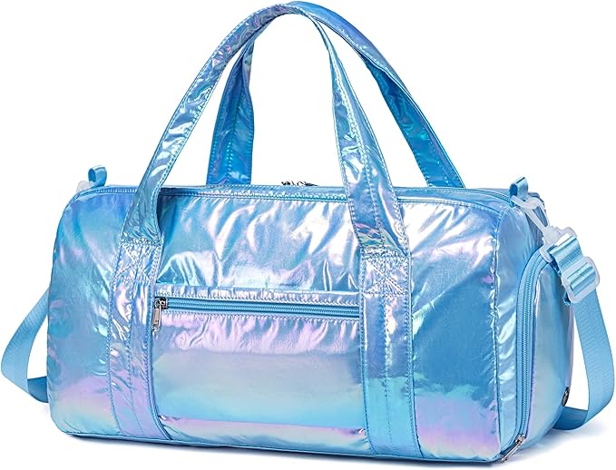 Gym Bag Sports Duffle Bag with Wet Pocket Weekender Overnight Bag with Waterproof Shoe Pouch and Air Hole for Girls Kids Women Travel Foldable Bag