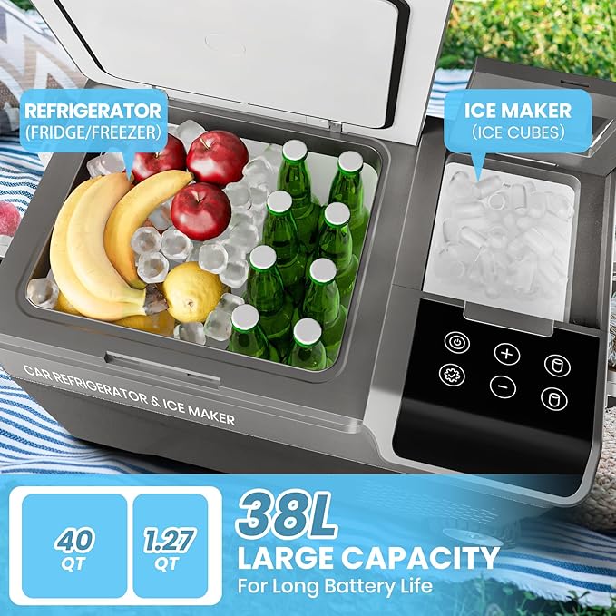 12 Volt Car Refrigerator with Ice Maker, 40QT Car Compressor Cooler with Wheels, APP Control Portable Refrigerator -4℉-68℉ with AC & DC Charger, Car Freezer for Travel, Home, Camping, Outdoor