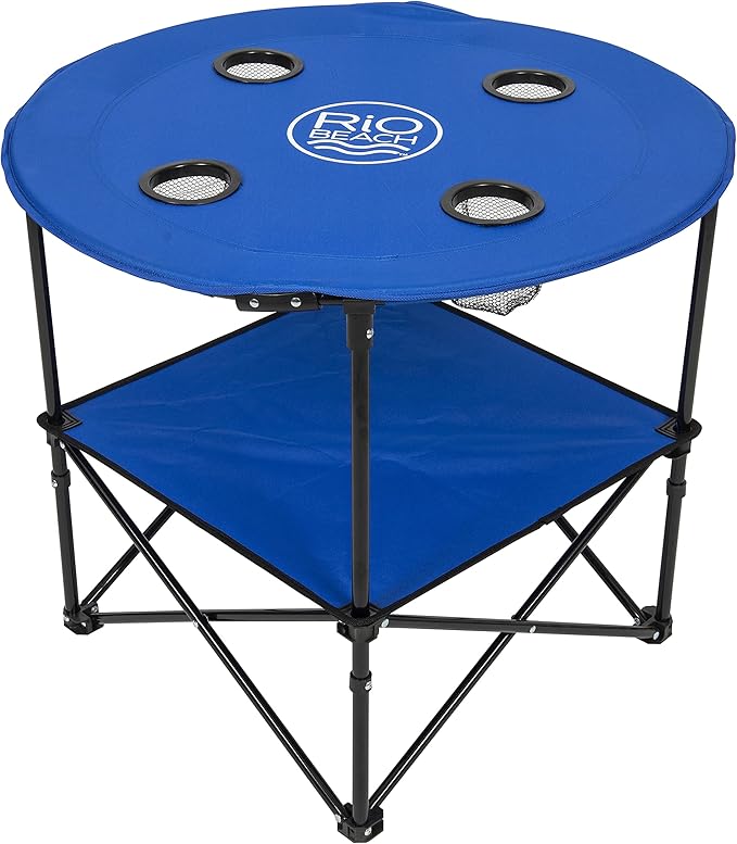 Rio Brands 28" Round Lightweight Fabric Portable Folding Beach Table with Cupholders, Blue