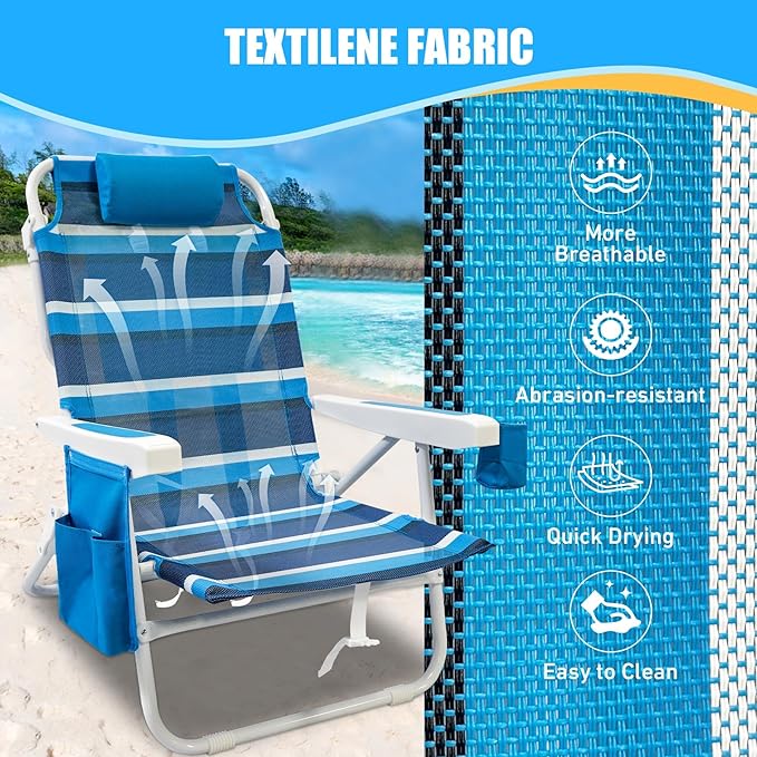 Beach Chair 2 Pack, 5 Positions Textilene Folding Reclining Beach Chair with Backpack Straps, Cooler Bag & Cup Holder for Outdoor Lawn Camping