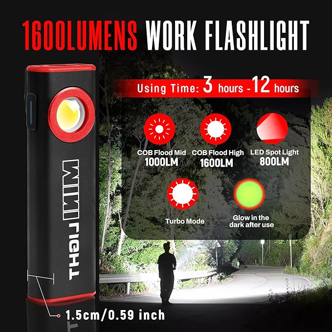 lexall 2 Pack LED Work Light, 1600 Lumens Mini Magnetic Flat EDC Flashlight with Clip, 3 Modes Portable Ultra-Light Bright Waterproof Pocket Light for Working, Camping, Repairing, Emergencies