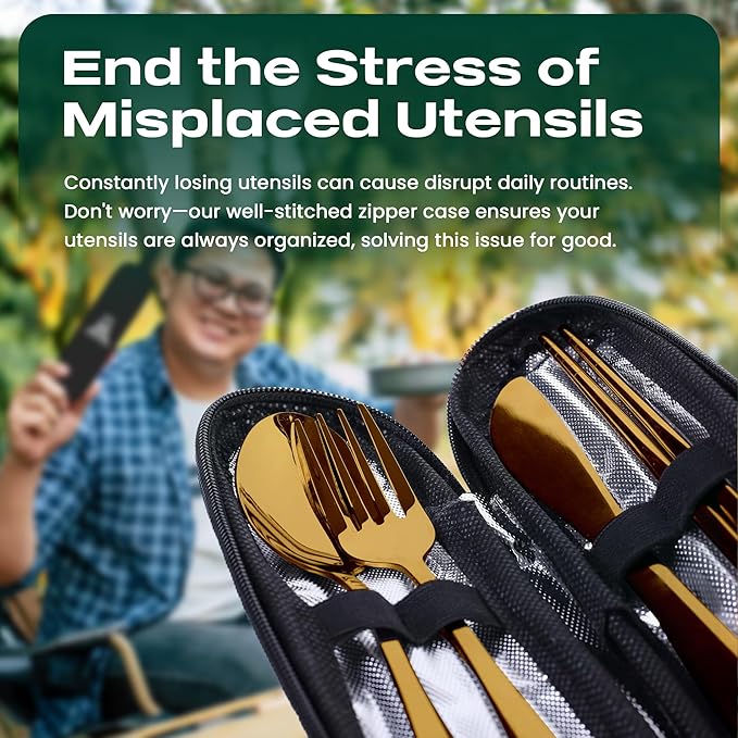 Portable Travel Silverware Set With Case, Includes 5 Pcs of Travel Utensils With Case, Stainless Steel Flatware Set For Camping, Easy to Travel, Lightweight (Gold)