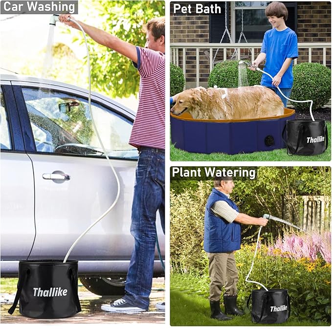 Portable Hot Shower Tent Kit - Immersion Heated 1000W, Rechargeable Pump, Pop-Up Tent for Adults Outdoor, 6.6 Gallon Folding Bucket