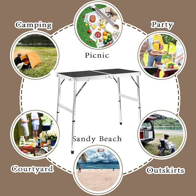 Aluminum Folding Small Table, Adjustable Height Lightweight Portable Camping Table for Picnic Beach Outdoor Indoor (Small) (BlackC)