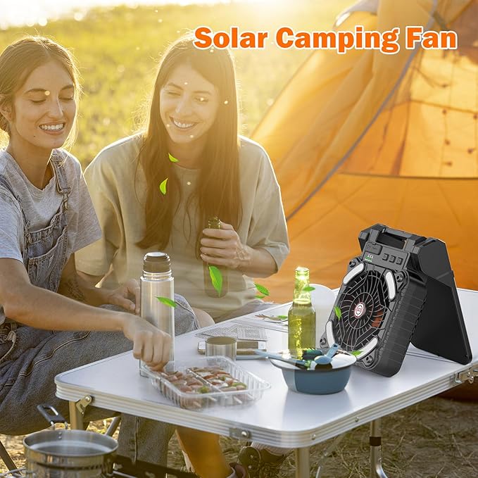 Solar Camping Fan with 10400mAh Built-in Rechargeable Battery,Dual-Power Outdoor Fan,Portable Fan with Timer,Phone Charging,LED Lantern,for Camping,Fishing,Power Outage,Hurricane(Black-Orange)