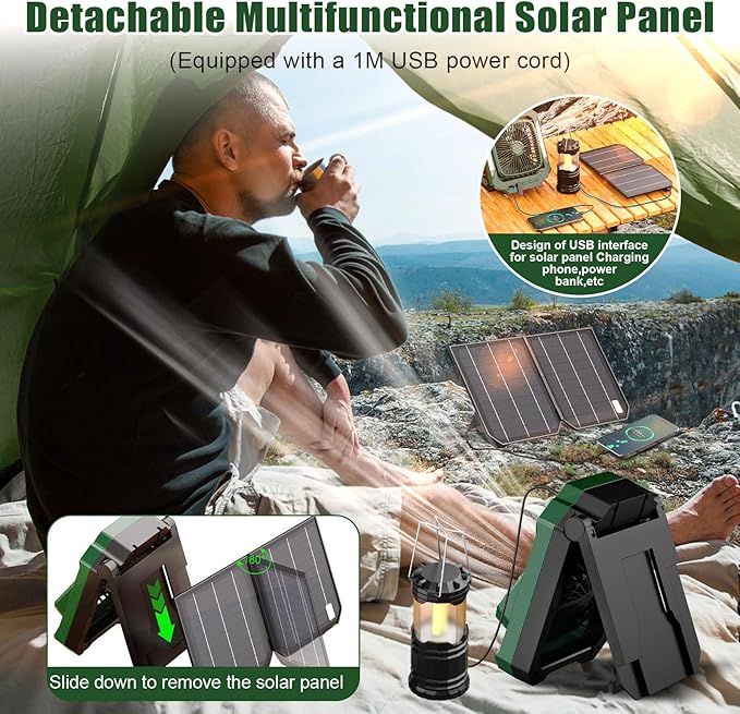 26800mAh Portable Camping fan Rechargeable, 2-in-1 Battery Powered Solar Fan with Detachable Solar Panel, 270° Rotation Personal USB Desk Fan with 3 Speed/Timer/LED Light/Hanging Hook for Outdoor