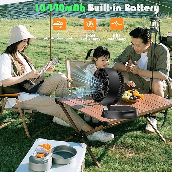 Solar Outdoor Camping Fan for Greenhouse,Rechargeable Battery Operated Fans Solar Portable Cooling Fan 10440mAh with PowerBank,7W,LED Lantern,for Tent,Car,Cruise Ship