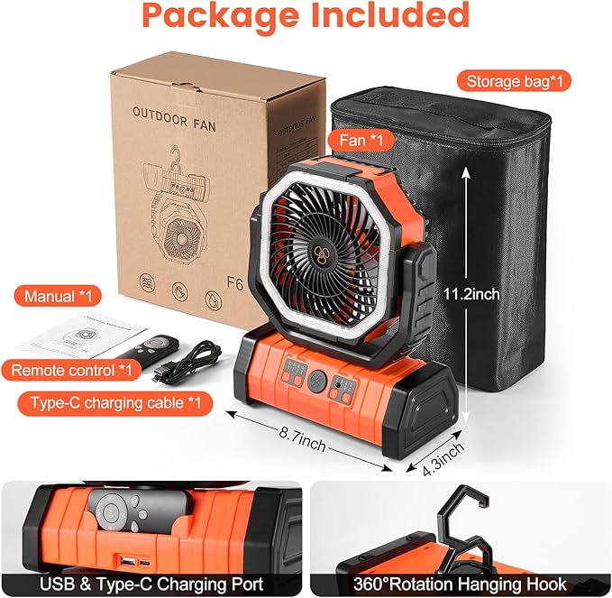 Odoland 30000mAh Camping Fan with LED Lantern, Rechargeable Battery Operated Oscillating with Remote Hook Stroage Bag, Portable Tent Fan with Timer, 4 Speeds for Outdoor RV Jobsite Power Outage,Orange