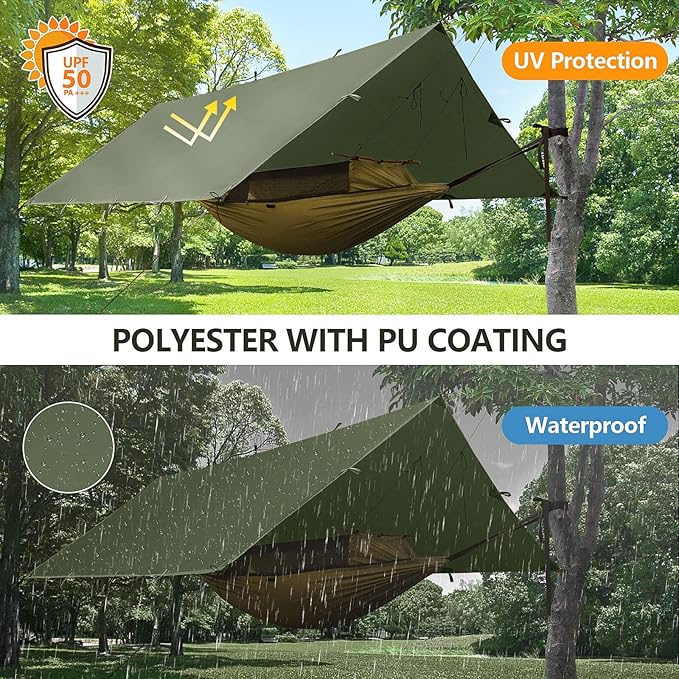 FREE SOLDIER Camping Tarp Waterproof Portable Tarp Multifunctional Outdoor Camping Traveling Awning Backpacking Tarp Shelter Rain Tarp (Dark Green 10×10.5ft)