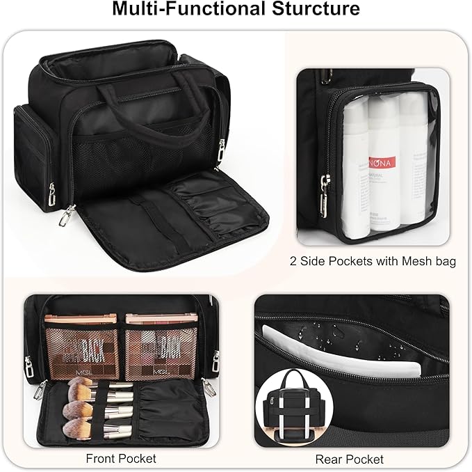 Travel Toiletry Bag for Women, Lightweight Wide-open Toiletries Travel Bag with Handle, Large Cosmetic Organizer with Makeup Brushes Compartment for Essentials for Trip, Camping - Black