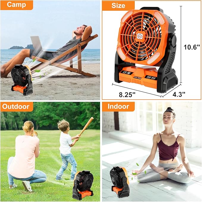 Sugoiti Portable Camping Fan 20000mAh Rechargeable Battery, 4-Speed Quiet Cooling Blower with LED Lantern, 4 Timing, Hanging Hook for Outdoor Picnic Tent Beach Fishing Orange