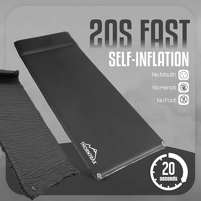 Throntrax Camping Sleeping Pad - Ultralight Camping Mat with Pillow Built-in - 3.1" Thick | Self-Inflating & Suitable for All Seasons - Compact Sleeping Pad for Camping - Grey