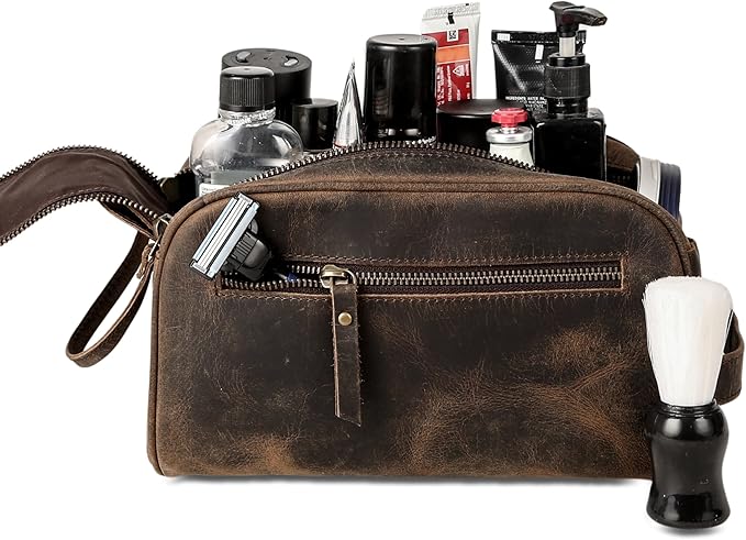 Premium Buffalo Leather Dopp Kit Toiletry Bag – Rustic Vintage Style Travel Organizer with Zipper Closure – Leather Shaving Bag for Men & Women and Spacious with Easy Carry Handle