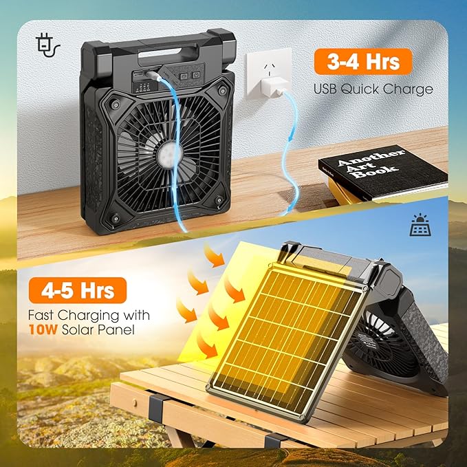 Solar Camping Fan with LED Lantern, 20000mAh Rechargeable Battery Powered with 10W Solar Panel, Quiet Battery Operated Tent Fan for Picnic, Barbecue, Fishing, Travel