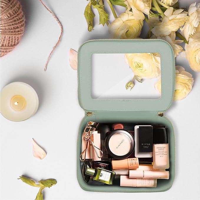 Prite Clear Makeup Bag Cosmetic Organizer Case Waterproof Travel Toiletry Bag Skincare Pouch with Golden Zipper(Green)