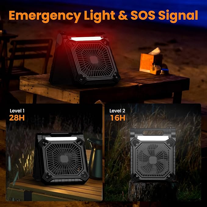 KITWLEMEN 10 Inch Solar Camping Fan with Light- Rechargeable Battery Operated Fan, 19H Run Time, 3 Speed, 6H Timer, SOS Signal, Portable Desk Fan for Camping Fishing RV Trips Hurricane Power Outage