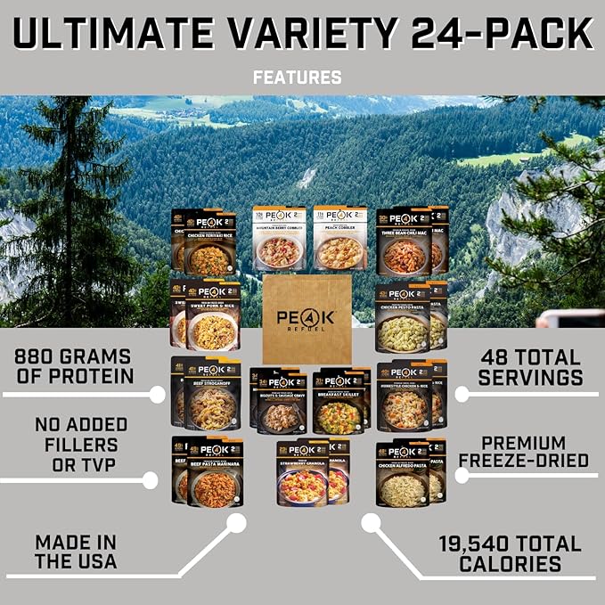 Peak Refuel Ultimate Variety 24-Pack | 100% Real Meat | Premium Freeze-Dried Meals for Backpacking, Camping & Survival | 24 Servings | MRE Emergency Food
