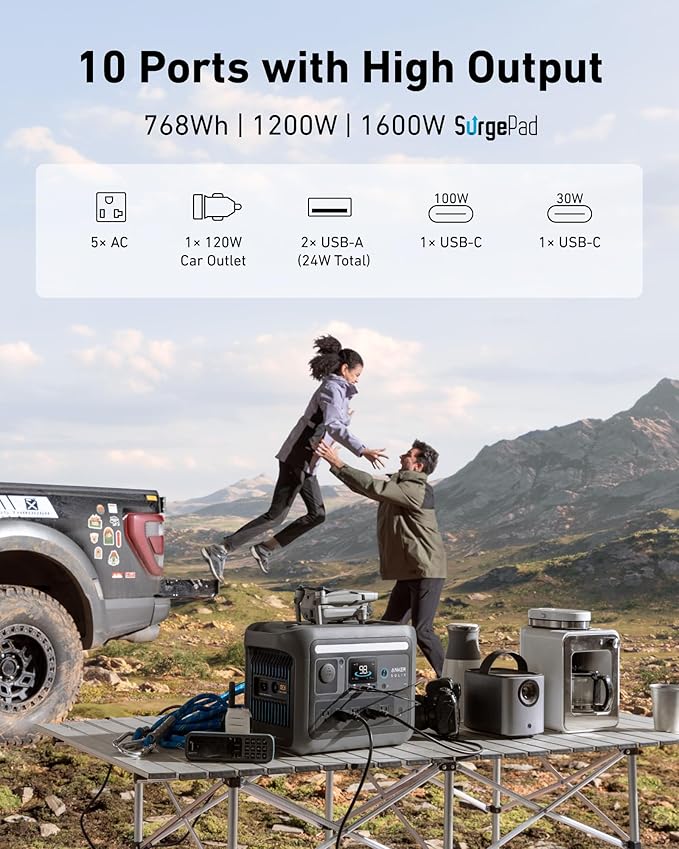 Anker SOLIX C800 Plus Portable Power Station, 1200W (Peak 1600W) Solar Generator with Camping Lights, 768Wh LiFePO4 Battery for Outdoor Camping, RVs, Road Trip, Power Outages (Optional Solar Panel)