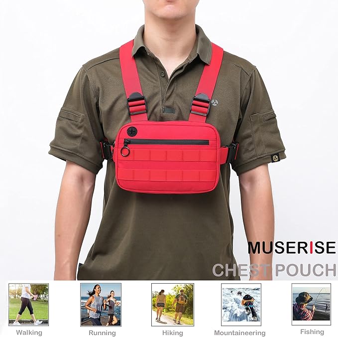 Outdoor Sports Utility Chest Pack,Tactical EDC Chest Bag For Men, Lightweight Conceal Chest Pouch Holster, Chest Rig Vest With Built-In Phone Holder For Workouts, Cycling & Hiking (Red)