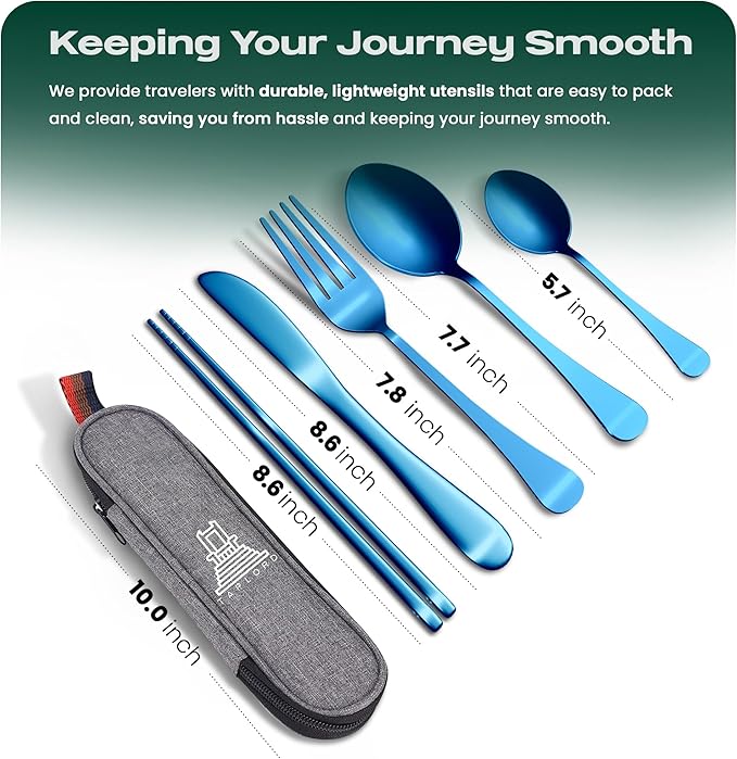 Portable Travel Silverware Set With Case, Includes 5 Pcs of Travel Utensils With Case, Stainless Steel Flatware Set For Camping, Easy to Travel, Lightweight (Blue)