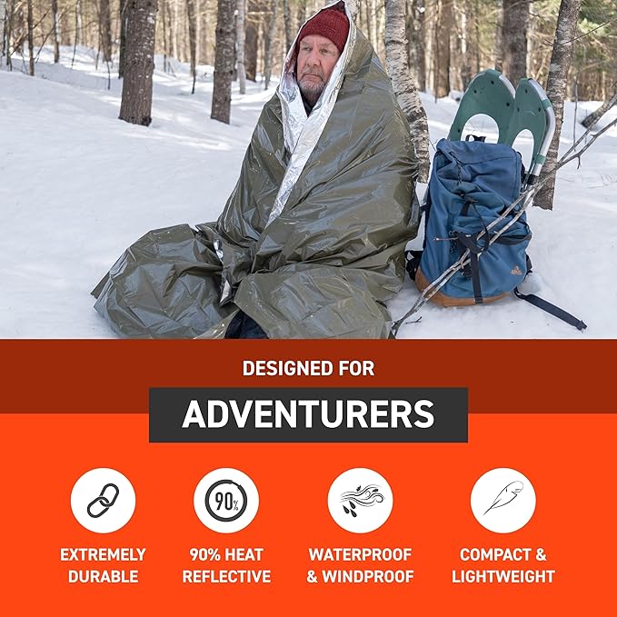 S.O.L. Survive Outdoors Longer 90% Heat Reflective Heavy-Duty Emergency Blanket - Thick, Rugged for Disaster Preparedness Kit - Waterproof, Windproof, Tear-Resistant - 58" x 98", 3.2 oz, Green
