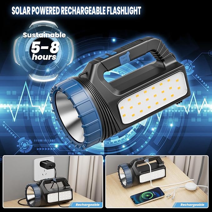 Solar Flashlights, Solar Flashlight for Multi Function 8000 Lumens Led Flashlight with Emergency Strobe Light Emergencies, Led High Lumens, USB C and Large Capacity Battery (2pcs)