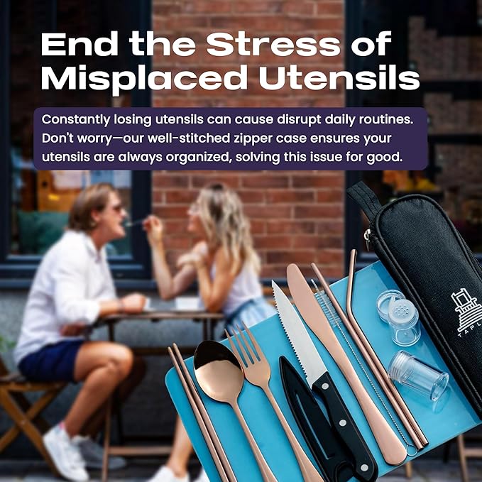 Portable Travel Silverware Set With Case, Includes 10 Pcs of Travel Utensils With Case, Stainless Steel Flatware Set For Camping, Lightweight (Rose Gold)