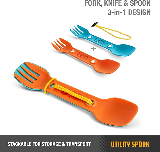 UCO Utility Spork 3-in-1 Combo Spoon-Fork-Knife Utensil, 2-Pack, Gold/Sky Blue