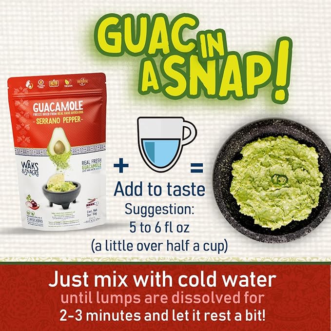 WAKS & SNACKS Freeze Dried Guacamole Serrano Pepper Mix | 100% Fresh Hass Avocados, Perfect for Chips | Energizes Camping & Hiking Meals | Vegan, Gluten-Free Guac Dip | 2 Avocados | 2 oz, 1 Pack