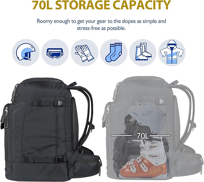 Unigear Ski Boot Bag, 70L Ski Boot Travel Backpack for Ski Helmet, Goggles, Gloves, Skis, Snowboard & Accessories(Black)