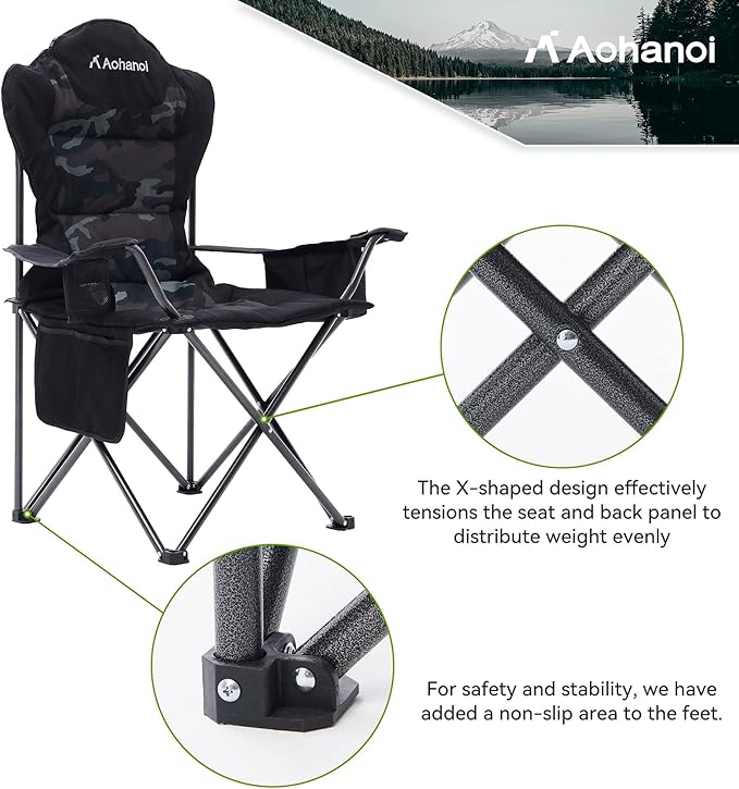 Camping Chairs for Heavy People, Folding Chairs for Outside Outdoor Folding Chairs with Cup Holder & Cooler Bag, Camp Chairs Supports up to 300lbs (1 PC, Camo)