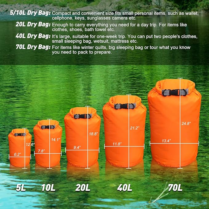 R2Depot Waterproof Dry Bag, 5L/10L/20L/40L/70L Dry Storage Bag for Kayaking, Gym, Hiking, Swimming (Green, 10L)