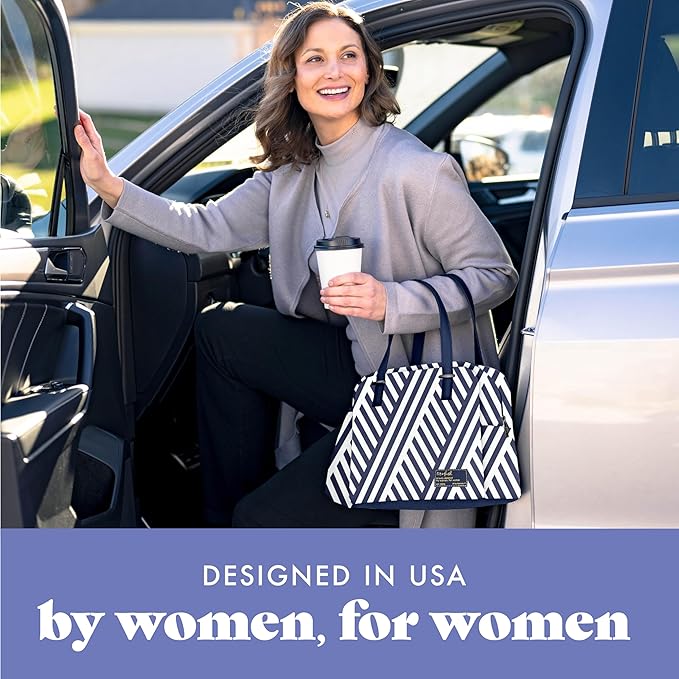 Fit & Fresh Lunch Bag For Women, Insulated Womens Lunch Bag For Work, Leakproof & Stain-Resistant Large Lunch Box For Women With Bottle Pocket, Zipper Closure Laketown Bag Navy Stripe Tumbler